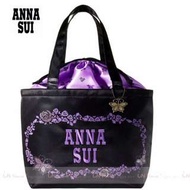 日本雜誌特別附錄 ANNA SUI黑底紫色刺繡logo緞布大托特包肩背包手提包(沒有蝴蝶吊飾)