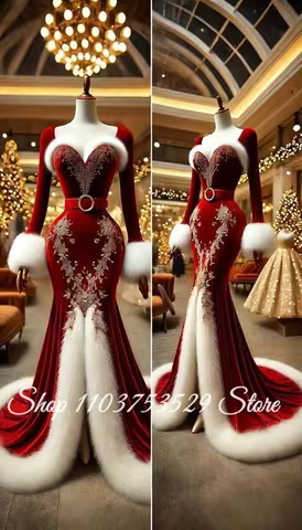 Customized Red Glamorous Christmas Evening Gown Beaded Long-Sleeve Mermaid Masquerade Gown Formal Go