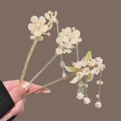 Vintage Chinese Style Tassel Hair Pins Valley Lily Flower Pearl Designs Hair Sticks Metal Alloy Head
