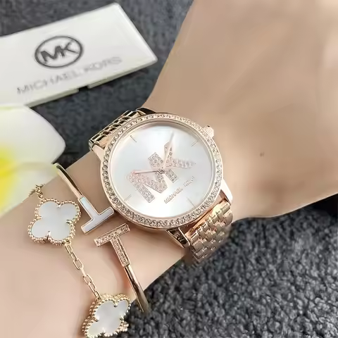 Michael Kors Women Quartz Watch Rose Gold Stainless Steel Bracelet Crystal Bezel MK Logo Di Fashion 