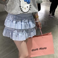 [Ready Stock Seckill] [3665 People Collection] 2025 New Style Korean Cake Sweet Blue Plaid Skirt Lac