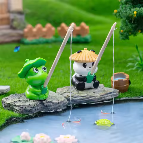 Resin Fishing Frog Statue Pond Angler Mini Panda Figurine Garden Ornament for Outdoor Landscape Aqua