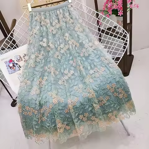 2025 Summer Embroidery Floral Mesh Long Skirt Women Elastic High Waist A Lien Tulle Green Skirts Kor