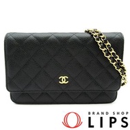 二手香奈兒 Matelasse 鏈條錢包 AP0250，魚子醬紋皮革，黑色。