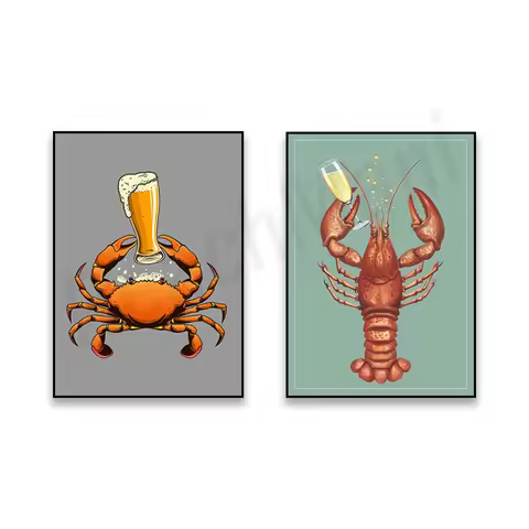 Lobster champagne ocean theme art, crab beer print poster, kitchen restaurant wall decoration poster