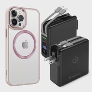 Dr.b@ttery電池王 MagSafe無線充電+自帶線行動電源-黑色 搭 iPhone13 Pro 6.1 星耀磁吸保護殼 粉色