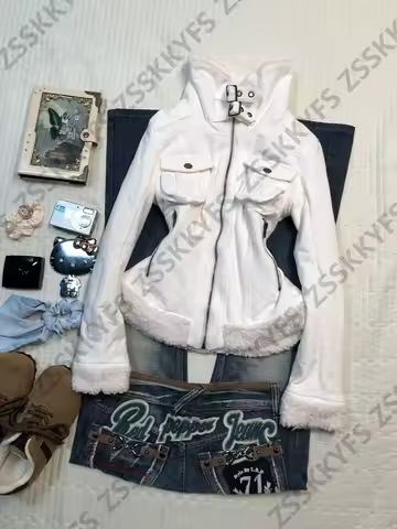 Winter Zip-up Jacket Motorcycle Girl Clothes 2000s Streetwear Harajuku Y2k Gyaru Shoujo Hooded Shirt