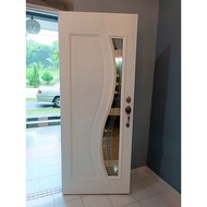 Pintu Kayu Cermin Depan Rumah Full Solid Wooden Door Tempered Glass Built-in Brass Grill