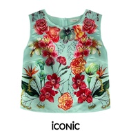 iCONiC GREEN KENYA FLORALS PAINTING TOP #5304 เสื้อแขนกุด ผ้าไหม พิมพ์ลาย ดอกไม้ อก34" ยาว18" เอว33"