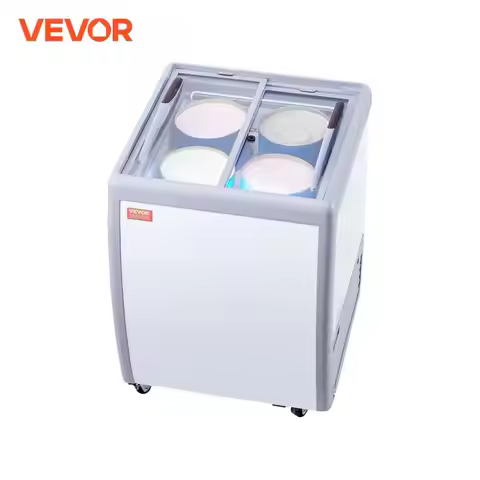 VEVOR Commercial Ice Cream Display Case Chest Freezer Mobile Glass Top Deep Freezer Restaurant Gelat