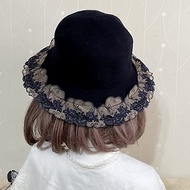 漁夫帽/ 丈青英式淑女刺繡蕾絲帽遮陽帽 帽子 毛帽 盆帽 維多利亞