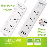 Universal 2500W Power Strip Socket Outlet with Independent Switch 2/3/5 Meter Extension Cord UK 3 Pin Plug + USB Fast Charger 250V/10A Charge Adapter