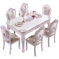 European-Style Dining Table and Chair Marble Dining-Table Solid Wood Rectangular a Table with Six Chairs Simple European French Pastoral Dining Tables and Chairs Set