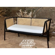 3-SEATER Retro Rattan Seat Bench (Retro Teak Wood Seat Rattan Bench)