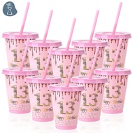 [PANDAB] 10 Pcs 13th Birthday Gifts Pink Plastic Cup Bulk 16 Oz Cheers To 13 Years Reusable Rose Gol