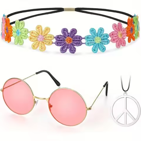 Hippie Costume Set 60's Style Circle Glasses Peace Sign Necklace Daisy Sunflower Headbands Dressing 
