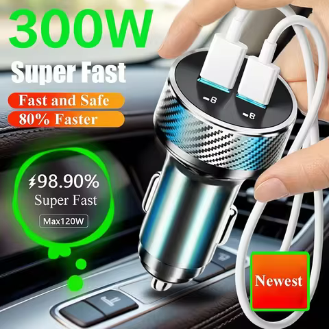 2 in 1 USB Car Charger Adapter 300W Super Fast Charge with Voltage Monitor for iPhone Samsung iPad H