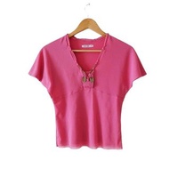 90s Vivienne Tam Pink Macremè Mesh top, cap sleeve, macreme and gold bar detail