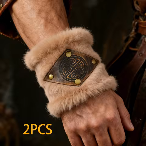 2PC PU Viking Bracelets: Nordic Armor with Trim for LARP, Ren Faire, and Cosplay Costumes