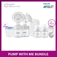 Philips Avent Pump With Me Baby Bundle -  Double Electric Breast Pump SCF398/11 , Bottle Warmer SCF358/00 , Natural Response Bottle 125ML . Storage Cups 180ML . Disposable Breast Pads 60pcs