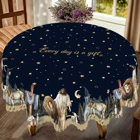 1 Piece of Elegant Jesus Starry Sky Tablecloth + 4 Self-Adhesive, Retro Lion, Lamb, Donkey and Jesus