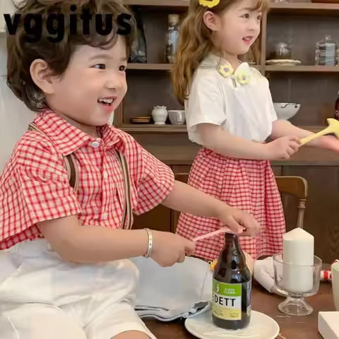 2025 New Summer Twin Siblings Costume Boys Red Plaid Shirts and Shorts/girls Short Sleeve Blouse and