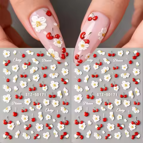1pc Spring Floral Cherry 5D Nail Art Stickers Fruit Cherry Blossom Flowers 3D Nail Decals DIY Manicu