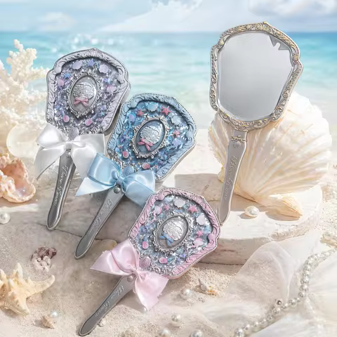 Flower Knows Shell Jewel Hand Mirror Ocean Style Makeup Mirror Portable Compact Beauty Mirror Aesthe