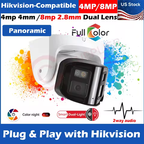 HIK-COMPATIBLE Onvif Panoramic Turret (8MP 2.8MM+4MP 4MM) Dual Lens Built in MIC Speaker PoE Color N