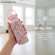 【EN】 Insulated Water Bottle Floral Printed Stainless Steel Leak Proof Keep Cold 24H Hot 12H for Camp