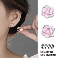 S999 Silver Earring Camellia Pink Ear Studs Hypoallergenic Chic Stud Earring Korean Earrings for Wom