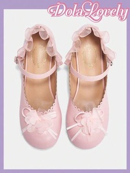 Dola Lovely 女士女孩風格的簡單蝴蝶結復古蕾絲優雅舒適圓頭粉色高跟鞋，畢業晚會鞋，夏季舞會高跟鞋