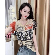 European Station 2023 Summer New Letter Print T-shirt Womens Fashion Loose Slim Short Sleeve Top Cre