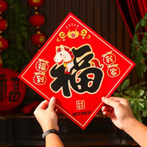 2pcs Paper 2026 Horse Year Door Sticker Blessing Traditional Chinese Fu Character Sticker Cartoon Ne