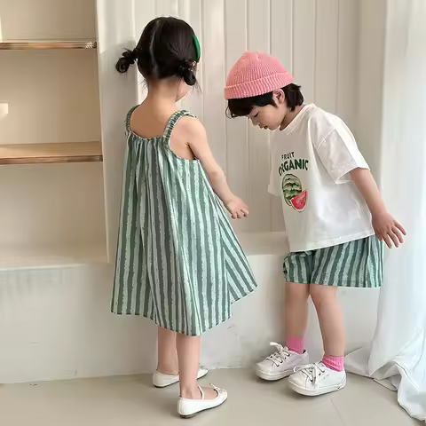 2pcs Boy Suit Cute Girls Suspenders Dress Siblings' Outfit Children's Summer Clothes Set Boys Pure C