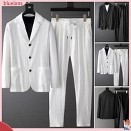   1 Set Autumn Men Blazer Pants Stripe Pleats Jacket Drawstring Pants Casual Suit for Wedding