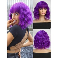 Rambut Palsu Pendek Berombak Ungu Wanita, Rambut Palsu Berombak Longgar, Rambut Palsu Berombak Kerin
