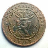 Uang koin Kuno 1 Cent Nederlandsch Indie Tahun 1858 ( b )