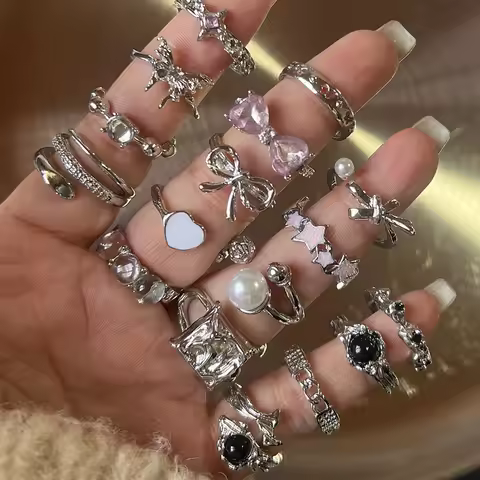 Fashion Trend Pink Crystal Bowknot Heart Rings Zircon Ring Y2K Shiny Zircon Rings for Women Girls Pa