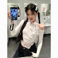 Kemeja-T Lengan Panjang Lengan Panjang Asymmetric Lace Patchwork bergaya Korea yang bergaya Korea un