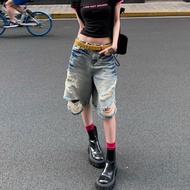 Y2k Millennium อินเทรนด์ เดนิม กางเกงขาสั้น สตรีทสไตล์ สูง เอว รูแตกห้านาทีขาตรง กางเกง พรางหุ่น ขาก