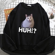 Cat Saying Huh? Meme Womens Solid Hoodies Fleece Sweatshirt Soft Breathable O-Neck Pullover Casual F