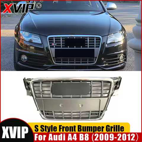 XVIP S4 Style Chrome Grey Front Bumper Grille With Silver Audi Ring Fit For Audi A4 B8 Sedan Avant 2