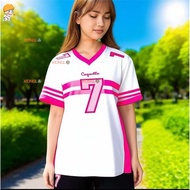 Black and pink contrasting color No.7 jersey for women, sports style V-neck short sleeved street tre