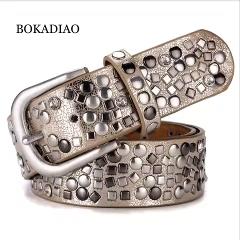 BOKADIAO Women Belt Fashion Punk Pin Buckle Vintage Rivets Luxury Lady's Original Leather Belts For 