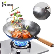Konco Handmade Iron wok cooking Pot with long wooden handle Chinese fryinng pan Non-stick Pan Non-coating Gas Cooker Cookware 32/34cm