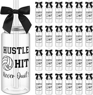 Jingmore 24 Pcs Volleyball Plastic Tumbler Cups with Lid and Straw Bow Decorated Black 13.5 oz Reusa