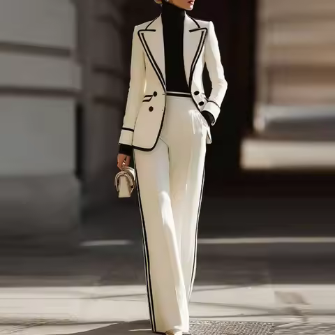 A+ Sale Women's Double Breasted Blazer 2 Piece Set Lapel Long Sleeve Jacket with Long Pants Office L