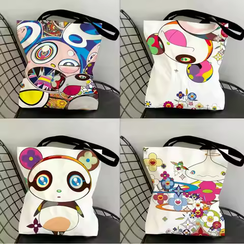 Fashion M-Murakami T-Takashi Storage Bags Canvas Double-Sided Print Tote Bag Large Capacity Shoulder