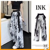 Ink Painting Ribbon Pants Women Ice Silk Straight Cut Palazo Slack High Waist Baggy Loose Wide Leg C